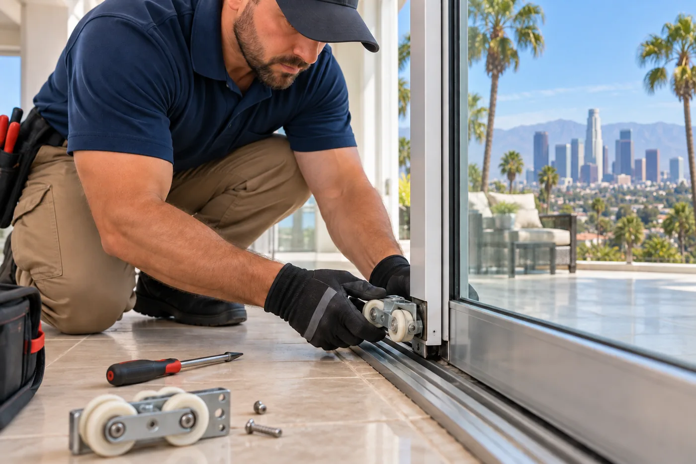 Technician adjusting sliding door alignment