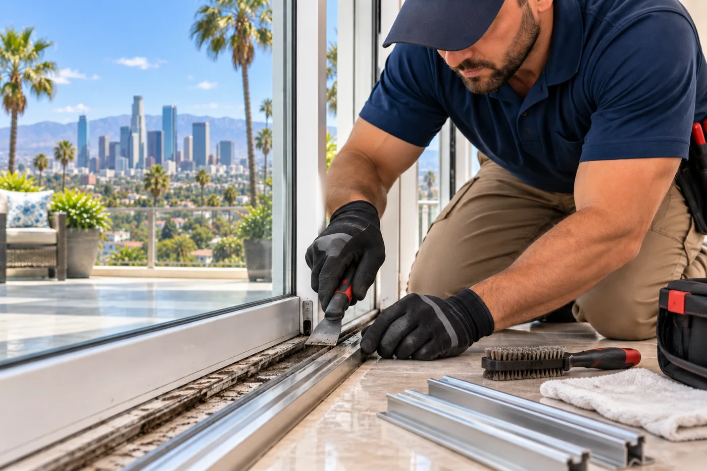 Homeowner struggling to open a stuck sliding glass door